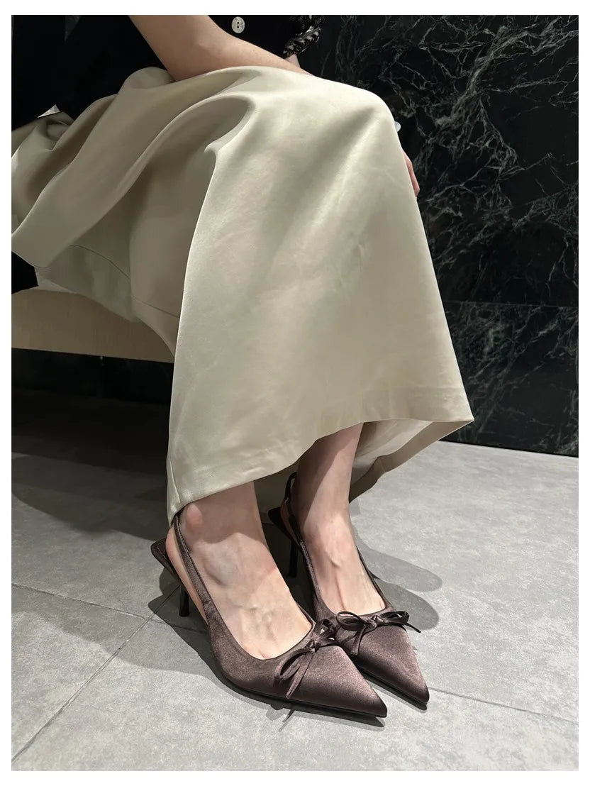 LIZAKOSHT  -  Women Thin Heels Slingback Sandals Elegant Pointed Toe Pumps New Brand Designer Bow Knot Party Dress Wedding Shoes Footwear