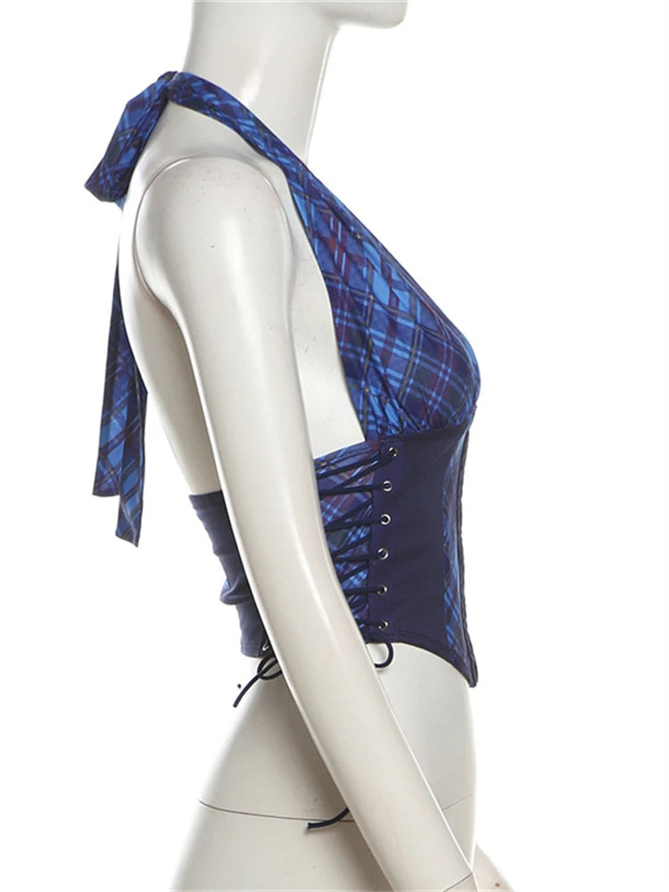 LIZAKOSHT  -  Summer Fashion Plaid Print Skinny Tank Tops Streetwear Y2K For Woman 2024 Sexy V-Neck Halter Bandage Backless Party Tops