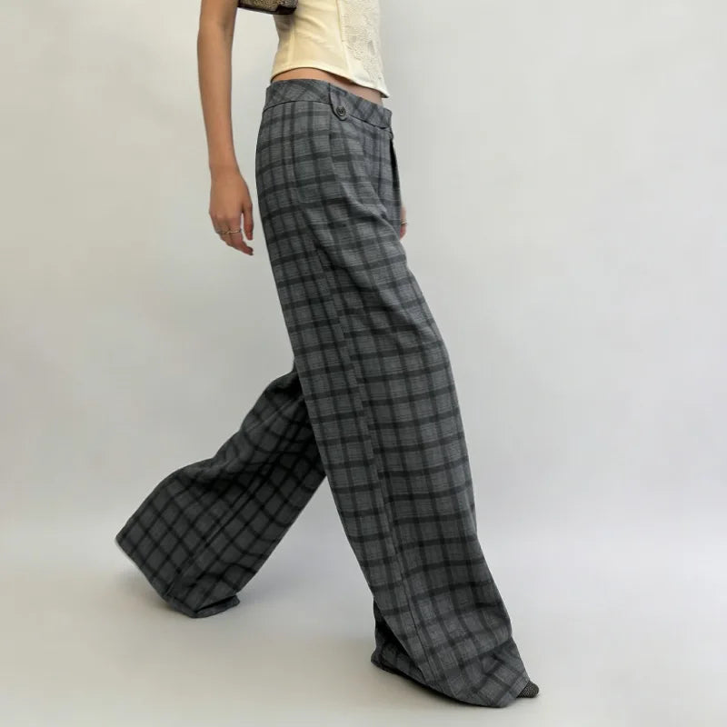 LIZAKOSHT  -  American Street Style High Waist Plaid Print Straight Casual Pants Spice Girl Design Sense Casual Versatile Knitted Suit Pants