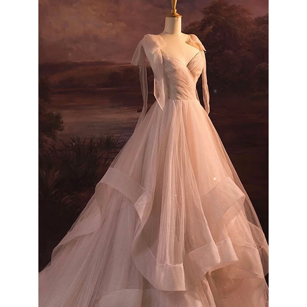 LIZAKOSHT  -  V-neck Cocktail Dress Nude Pink Ribbon Bow Floor Length Sleeveless Luxury Tulle Wedding Formal Occasion Celebrity Gowns