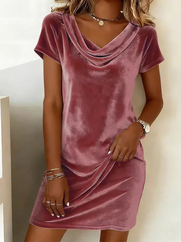 LIZAKOSHT  -  Women Chic Velvet Cowl Neck Mini Dress Solid Color Elegant Short Sleeve Loose Fit Vestidos Lady Summer New Street Outfits