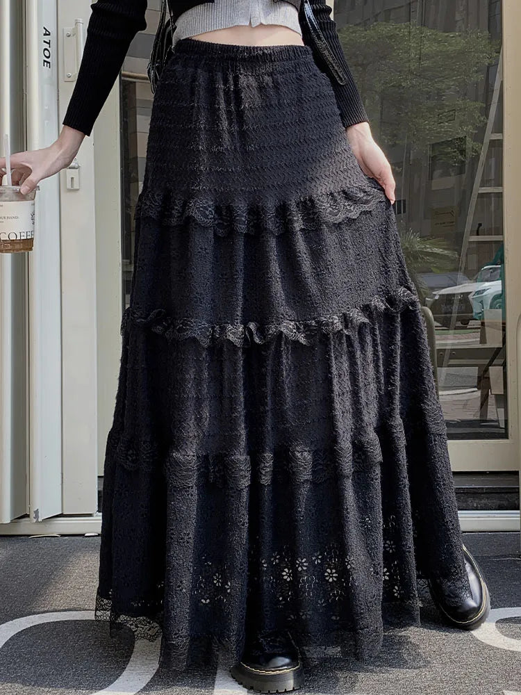 Lizakosht White Lace Long Skirt Women Vintage Fashion Hollow Out Cake Skirts Female Korean Casual Midi Dress Autumn Slim Ruffles Skirt
