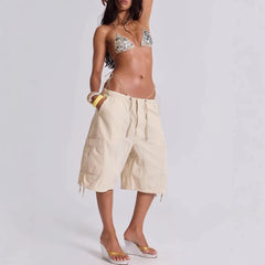 LIZAKOSHT  -  Euramerican Safari Style Drawstring Half Pants Y2k All Match Side Pockets Design Casual Women Wide Trousers Stright Short Pants