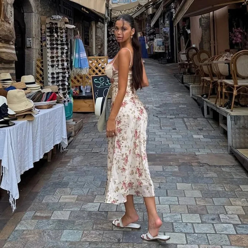 LIZAKOSHT  -  Floral Print Lace Patchwork A-line Satin Vacation Midi Dress High Street Outfits Women Sexy Spaghetti Straps Backless Party Robe