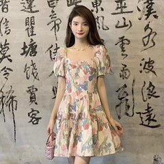 LIZAKOSHT  -  Vestidos Mujer Print Floral Puff Sleeve Spring Summer Mini Dresses Sweet Vintage Korean Fashion Elegant Woman Dress