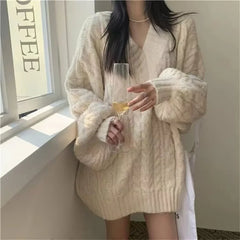  LIZAKOSHT  -  Korean Style V Neck Pullovers Sweater Women Spring Autumn Winter Ladies Knitted Elegant Party Pullover Long Sleeve Clothing Top