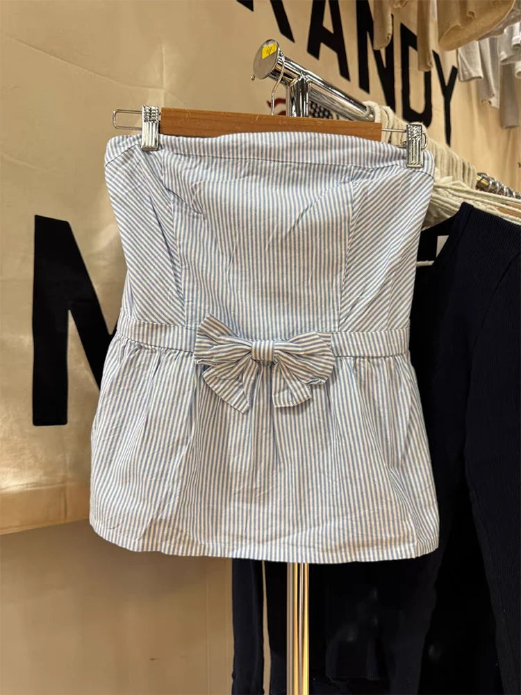 LIZAKOSHT  -  Black Bow Decor Strapless Tube Top Woman Summer Elastic Waist Sleeveless Slim Crop Tops Solid Sweet Preppy Style Cotton New Vest