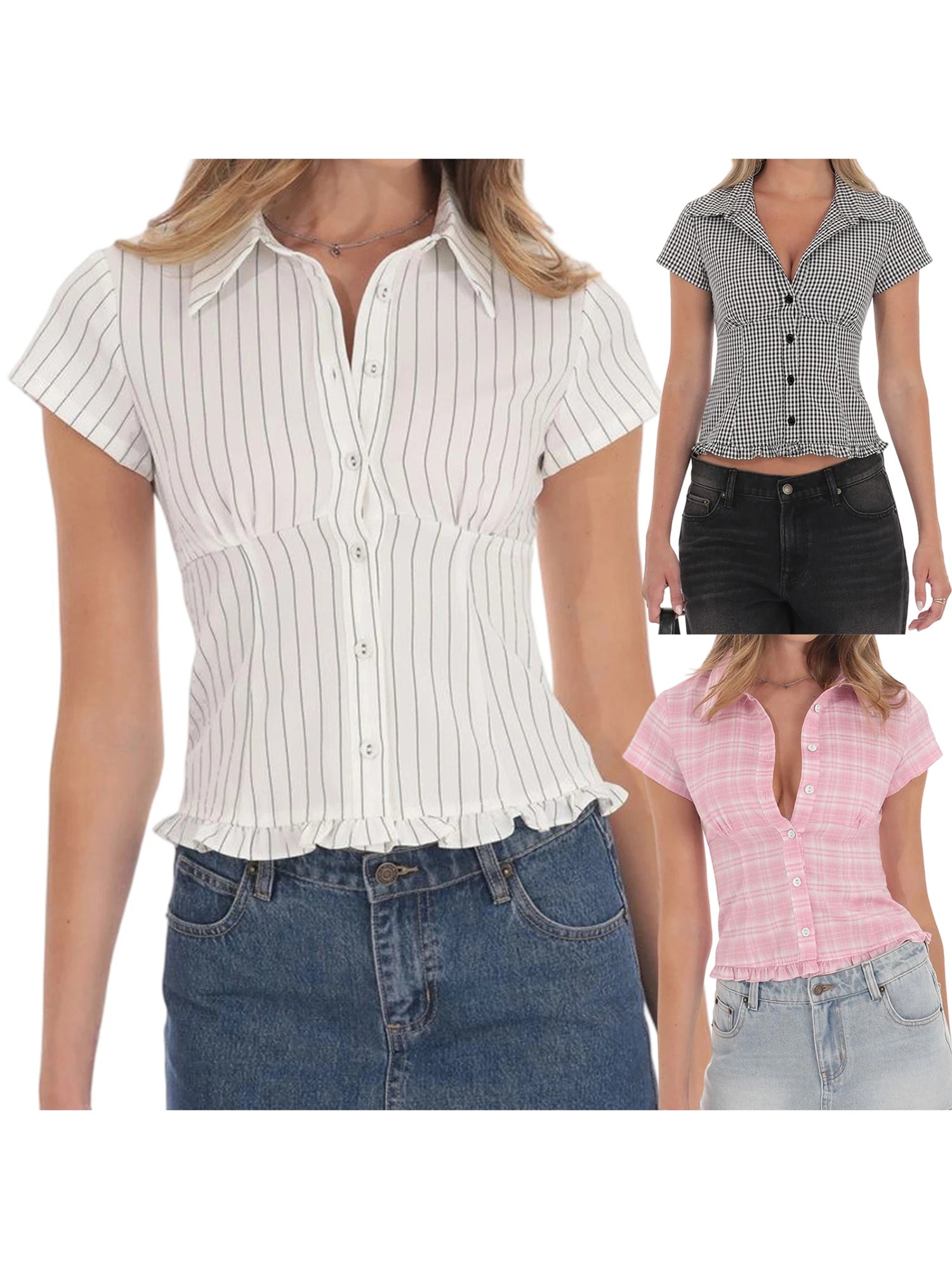 LIZAKOSHT  -  Women s Blouse Casual Short Sleeve Checkered Striped Shirt with Button Closure  Fit Summer Top for Street Style Fashion