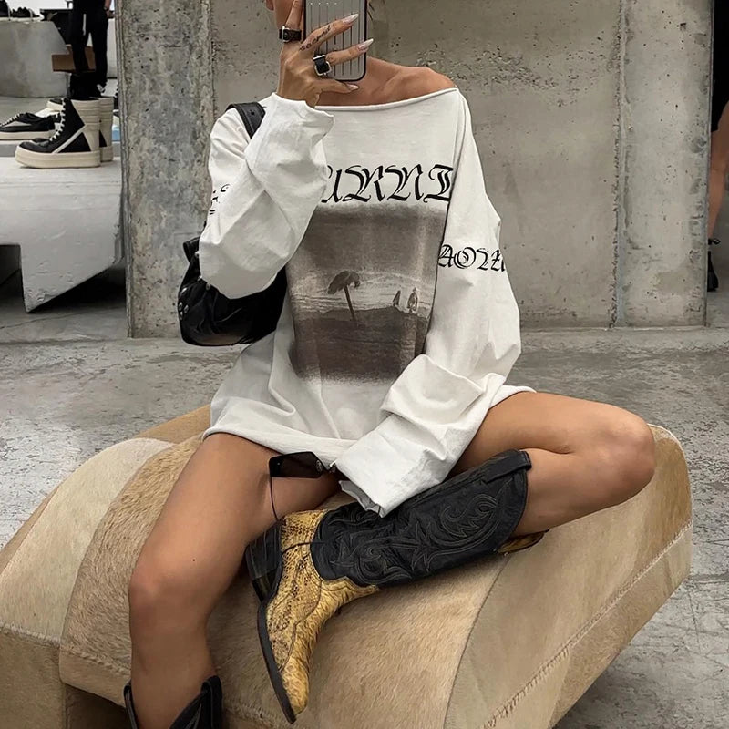 LIZAKOSHT  -  Vintage Letter Print Casual Tops Streetwear Off Shoulder Full Sleeve T-shirts All-match American Style Long Tees Autumn