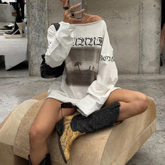 LIZAKOSHT  -  Vintage Letter Print Casual Tops Streetwear Off Shoulder Full Sleeve T-shirts All-match American Style Long Tees Autumn