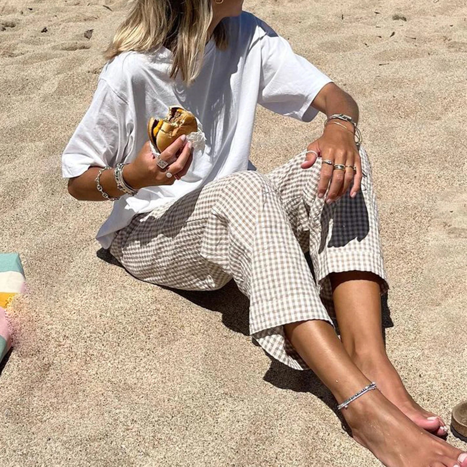 LIZAKOSHT  -  Plaid Long Pants Women Y2k Wide Leg Drawstring Striped Lounge Pants Gingham Plaid High Waist Pajama Trousers
