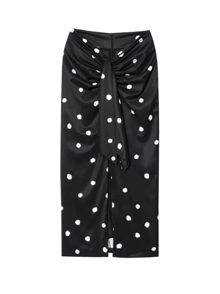 LIZAKOSHT  -  Polka Dot Midi Skirt Woman Elegant Casual Black High Waist Slit Skirts Fashion Bow-Tie Waist Slim Long Skirts New Summer