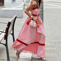 LIZAKOSHT  -  High Street Bow Strap Contract Color Bohemian Dress 2024 Women Waist Ruffle Dress Fashion Elegant Striped Print Women Maxi Dress