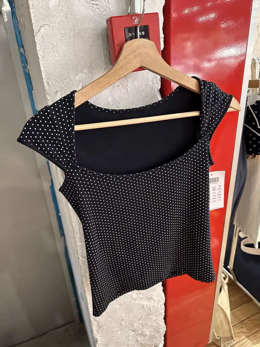 LIZAKOSHT  -  Polka Dot Sleeveless Slim T-shirt Women Summer Sexy Square Collar Black Cotton Tees Preppy Style Cute Streetwear Crop Top Y2k