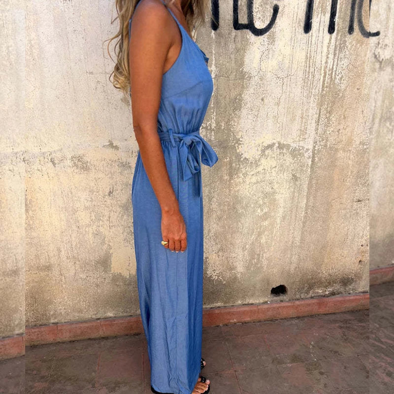 LIZAKOSHT  -  Spring Summer Sleeveless Boho Jumpsuits Women U Neck Button Pocket Sling Playsuit Summer Backless Wide Leg Pants Romper Overalls