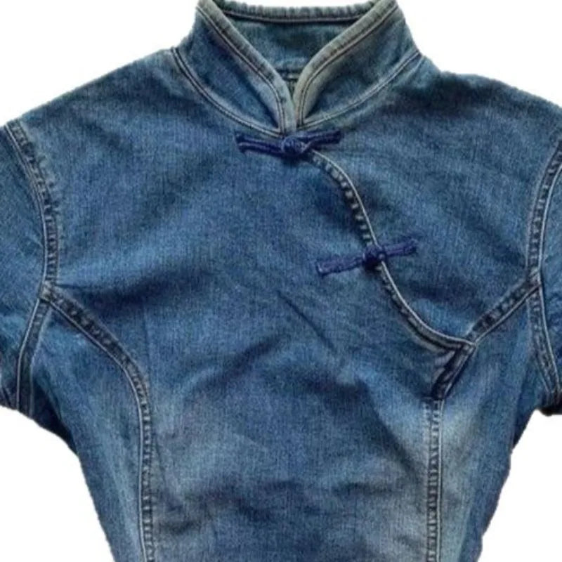 LIZAKOSHT  -  Y2k Chinese Style Denim T Shirt for Women Stand Collar Spring Summer Ropa De Mujer Solid Vintage Versatile Short Tees