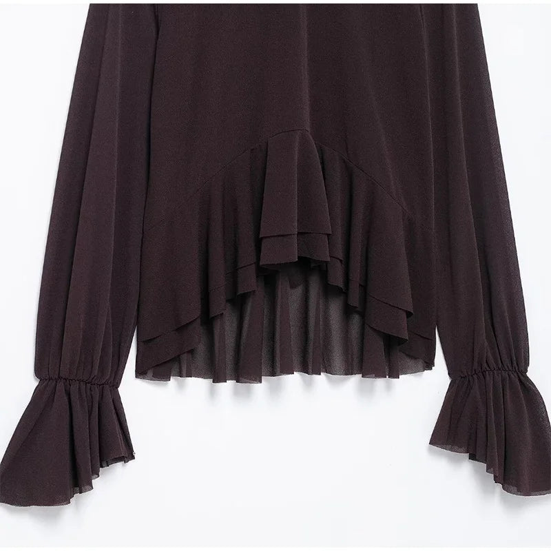 LIZAKOSHT  -  Elegant Shirts Women Loose Ruffles O Neck Long Sleeves Shirt Female 2025 Spring Summer Fashion Solid Soft Lace Up Chiffon Tops