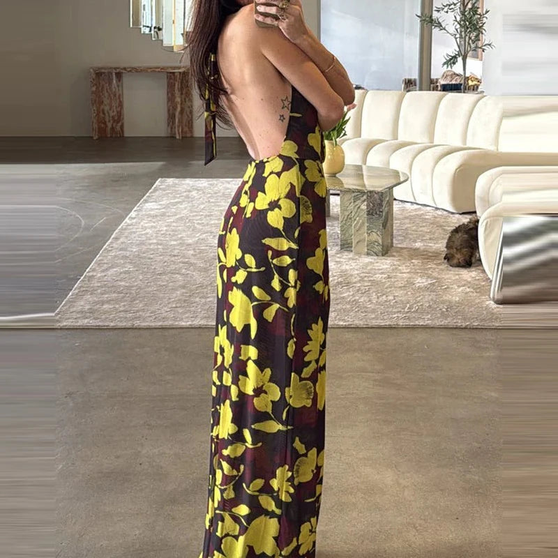 LIZAKOSHT  -  Fashion Hight Waist Lace-Up Wrap Hip Dress Sexy Halter Sleeveless Bohe Party Dress Women's Elegant Pattern Print Slim Long Dress