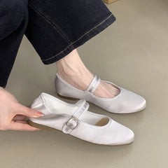 LIZAKOSHT  -  Comfort Satin Soft Sole Ladies Mary Jane Shoes Fashion Round Toe Shallow Women Flats Elegant Buckle Prom Designer Ballet Shoes