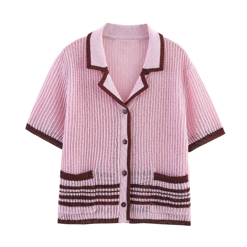 LIZAKOSHT  -  New Fashion Retro Shorts Suit Summer Women V Neck Knitted T-shirt Tops Casual Button Shorts Holiday 2 Piece Sets Womens Outfits