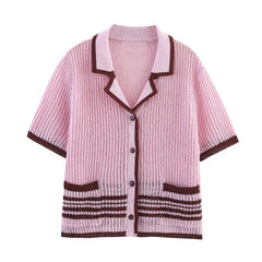 LIZAKOSHT  -  New Fashion Retro Shorts Suit Summer Women V Neck Knitted T-shirt Tops Casual Button Shorts Holiday 2 Piece Sets Womens Outfits