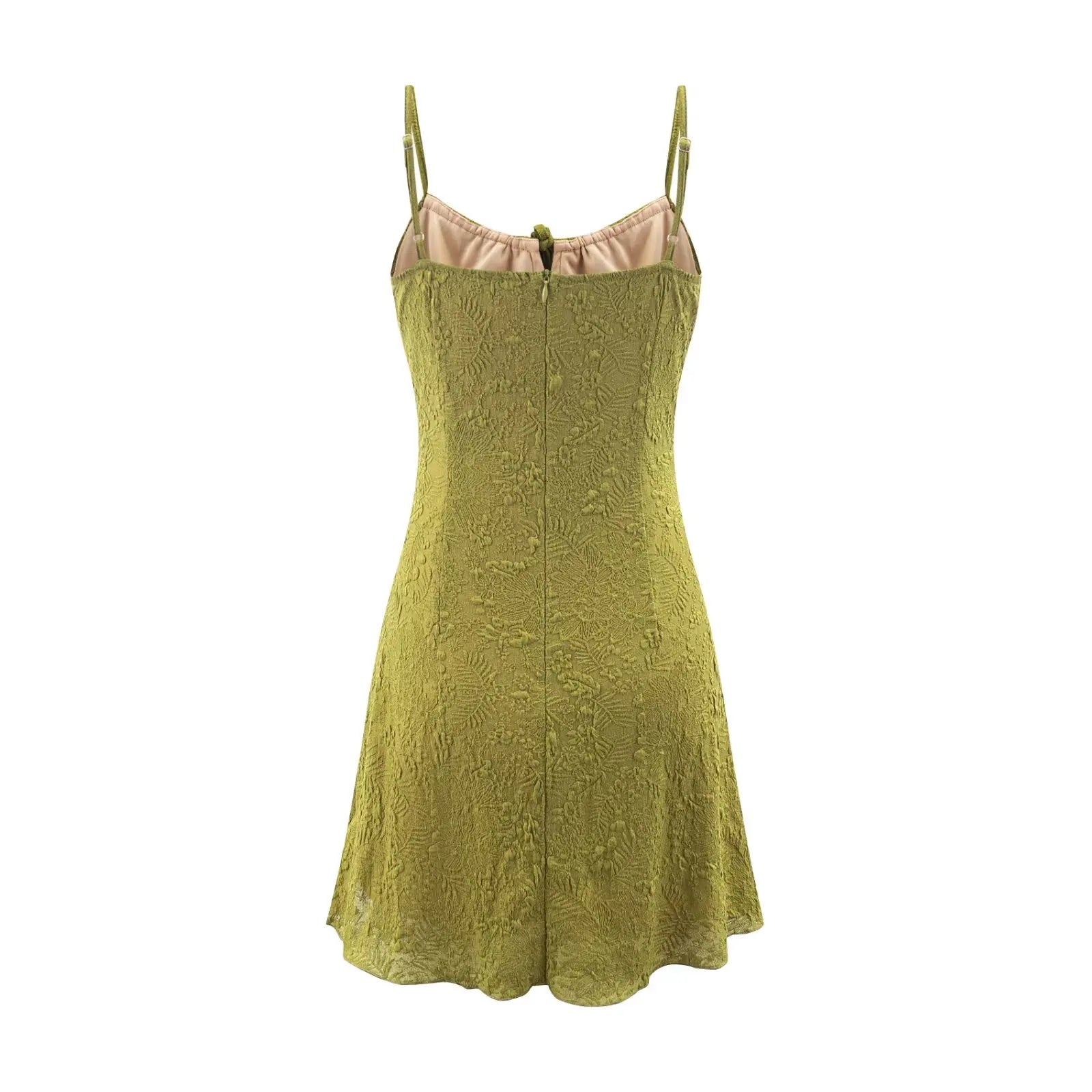 LIZAKOSHT  -  Summer Embossing Floral Bow Lacing up V neck Sling Dress Sexy Women Slim Waist Elastic Back Zipper Short Dresses Holiday Robe