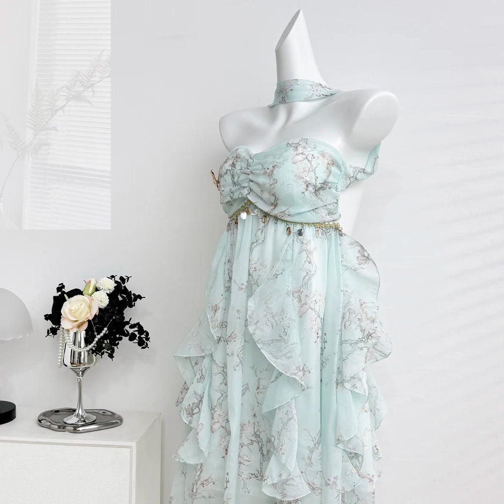 LIZAKOSHT  -  Sweet Lolita Chiffon Midi Dress Women Floral Print Ruffle Layered Halter Strapless Beach Vacation Japanese Fashion Casual Outfit
