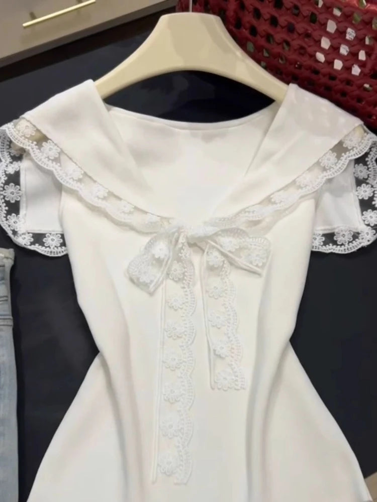 LIZAKOSHT  -  Harajuku Style Navy Collar Lace Trim Tank Top Women Summer New Sweet T-shirt Girl Elegant Bow Waist Cropped Sleeveless Tops