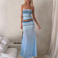 LIZAKOSHT  -  Sexy Strapless Off Shoulder Suit Chic Striped Backless Splice Outfit Casual Sleeveless Vest+Mesh Semi Transparent Skirt 2pc Set