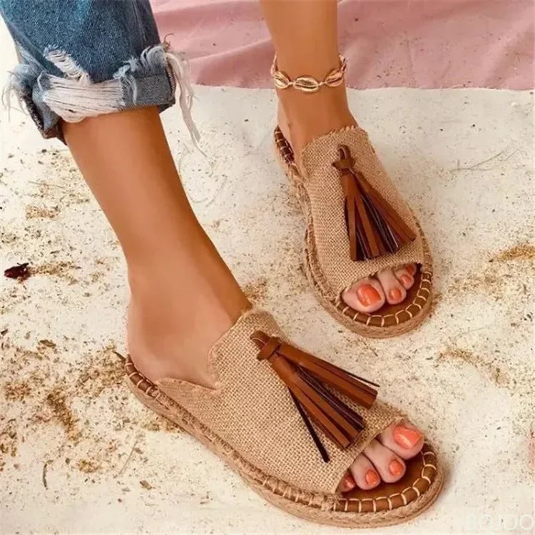 LIZAKOSHT  -  Women's Flat Sandals Resorts Handmade Tassels Wholesale Summer Shoes for Women Retro Design Female Slides Mules Size 41-43