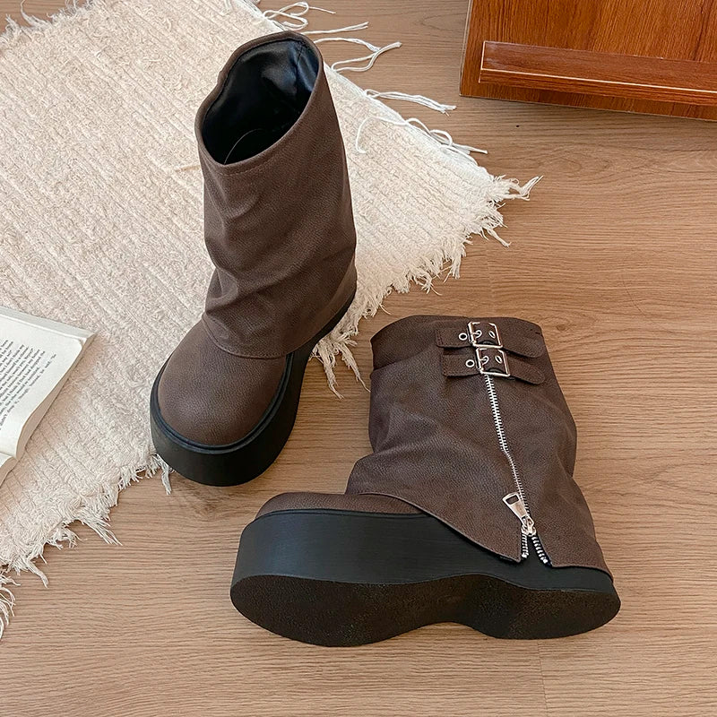 LIZAKOSHT  -  Autumn Winter Chunky Thick Sole Women Pipe Ankle Boots Designer Belt Buckle Platform Heel Shoes Modern Short Botas Para Mujer