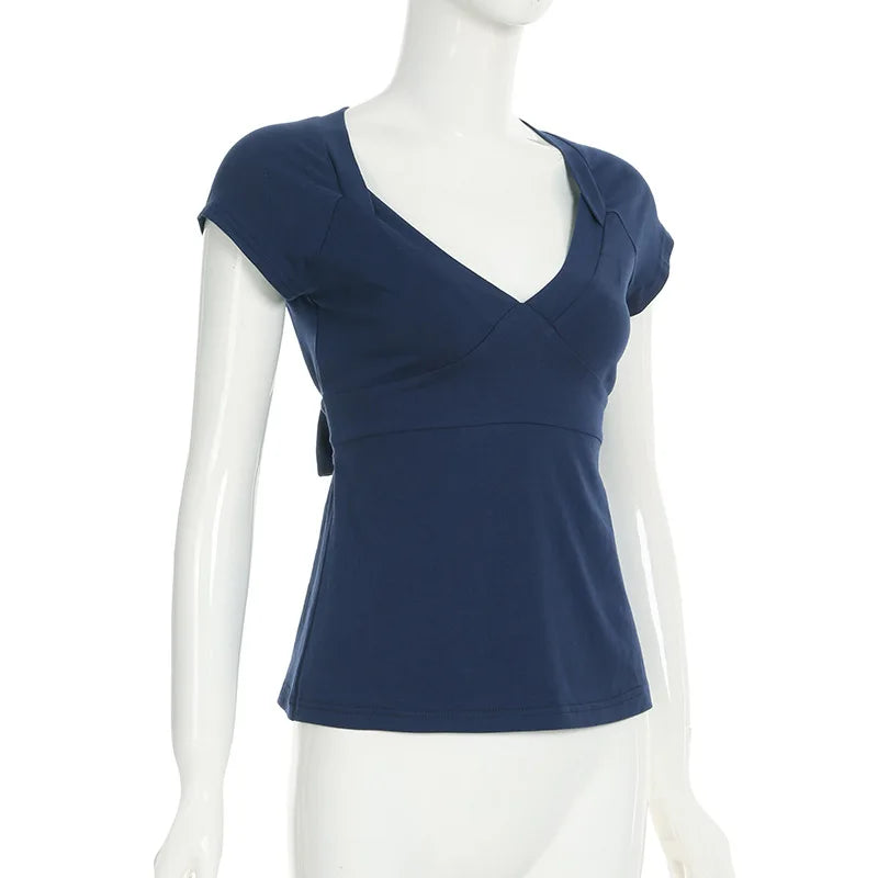 LIZAKOSHT  -  Bow Tie V Neck Short Sleeve T Shirts Women Clothing Summer Girls Tops