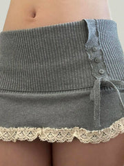 LIZAKOSHT  -  Sweetown Simple Casual Solid Lace Trim Bow Women’s Mini Short Knitted Fashion All-Match Sweet Cute Short