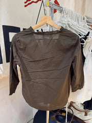 LIZAKOSHT  -  Ruffles Three Quarter Sleeve T-shirt Blouse Woman Autumn V-neck Single Breasted Cotton Slim Casual Shirts Brown Vintage Tops