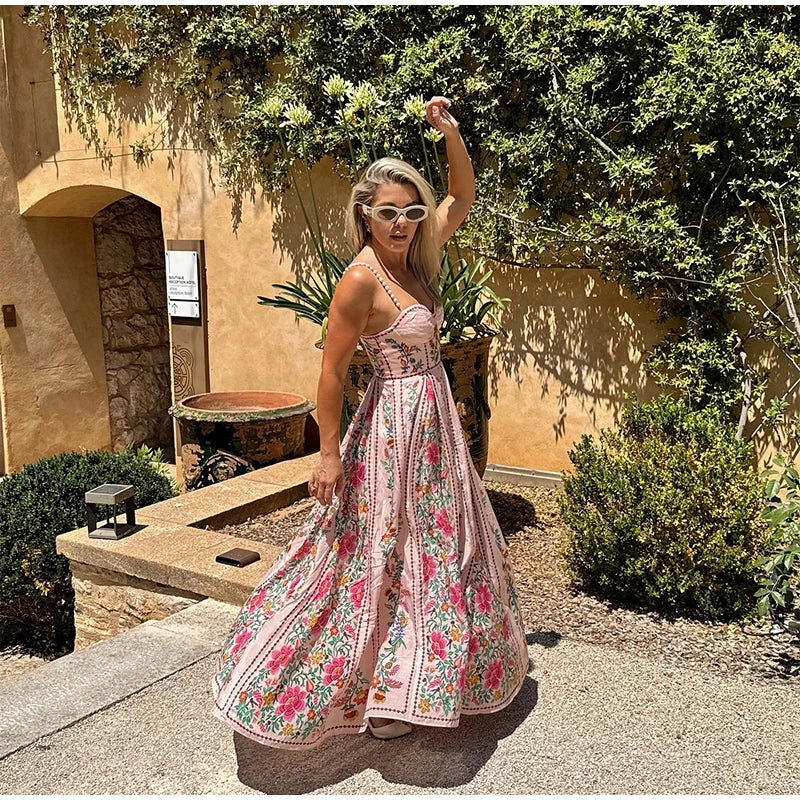 LIZAKOSHT  -  Sexy Printed Bead Sling Dress Women Fashion Sleeveless High Waist Pleated A-line Long Dresses 2025 Lady Summer Chic Party Robes