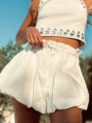 LIZAKOSHT  -  Spring and Summer Women Flower Bud Lantern Cotton Shorts Trend Loose Pleated Pocket Design Solid Versatile Casual Beach Shorts