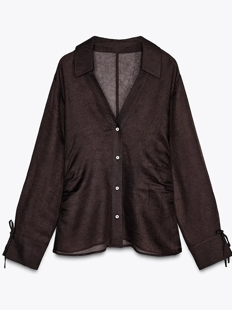 LIZAKOSHT  -  Sexy See Through Lace Up Women's Shirts Solid Laple Single Breasted Full Sleeve Female Shirt Summer New Lady Commuter Wears