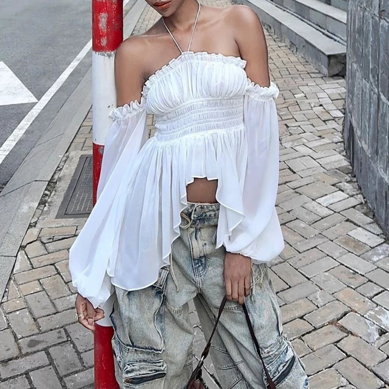 LIZAKOSHT  -  Off Shoulder Ruffles Sexy Lantern Long Sleeve Halter Backless Fashion All-match Crop Tops Y2K Summer Streetwear Blouses