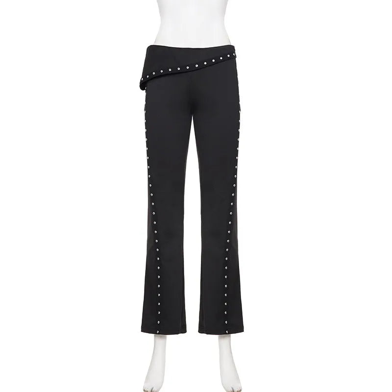 LIZAKOSHT  -  Personality Low Sken Waist Lrregular High Street Women Pant Y2k Gothicn High Street Rivet Nail Long Flare Pants Casual Trousers