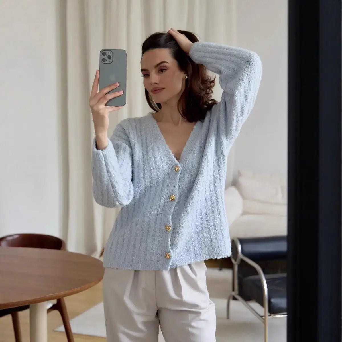 LIZAKOSHT  -  Furry Knitted Sweater Women Single Breasted Casual Solid V-neck Long Sleeve Loose Cardigans Autumn Soft Lady Tops Sweaters