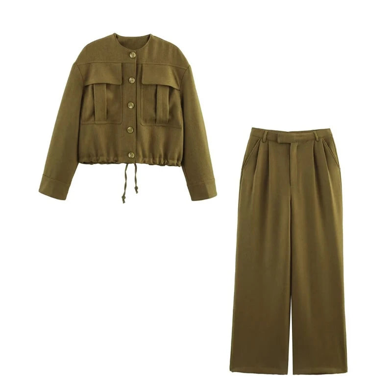 LIZAKOSHT  -  Spring and Autumn American Retro Three-dimensional Pocket Jacket High Waist Straight Pants Women's Suit