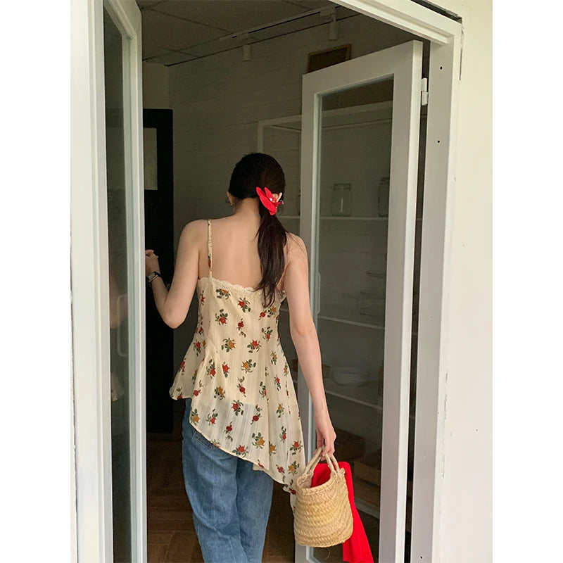 LIZAKOSHT  -  Y2K Floral Tank Top Women Vintage Asymmetrical Print Camis Summer Streetwear Korean Sexy V Neck Lace Spaghetti Strap Tops