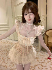 LIZAKOSHT  -  Japanese Lolita Kawaii 2000s 2 Piece Skirt Sets Sweet Print Short Sleeve Blouse + Slim Cake Mini Skirt Y2k Harajuku Vintage Suit