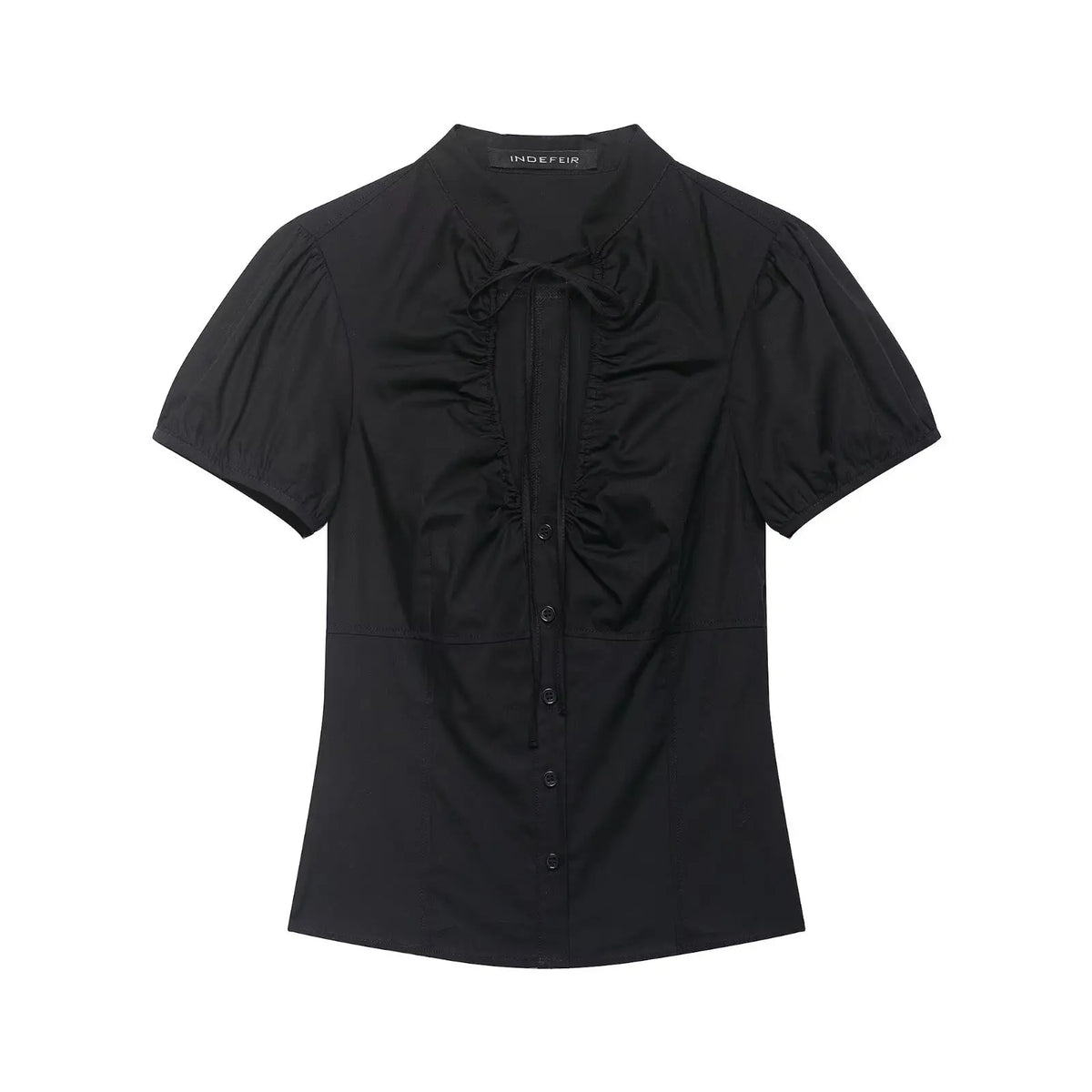 LIZAKOSHT  -  Summer New Bow Lace-up Puff Sleeve Slim Blue Shirts Women Sexy V-neck Single Breasted Crop Tops Y2K Girl Cute Tops