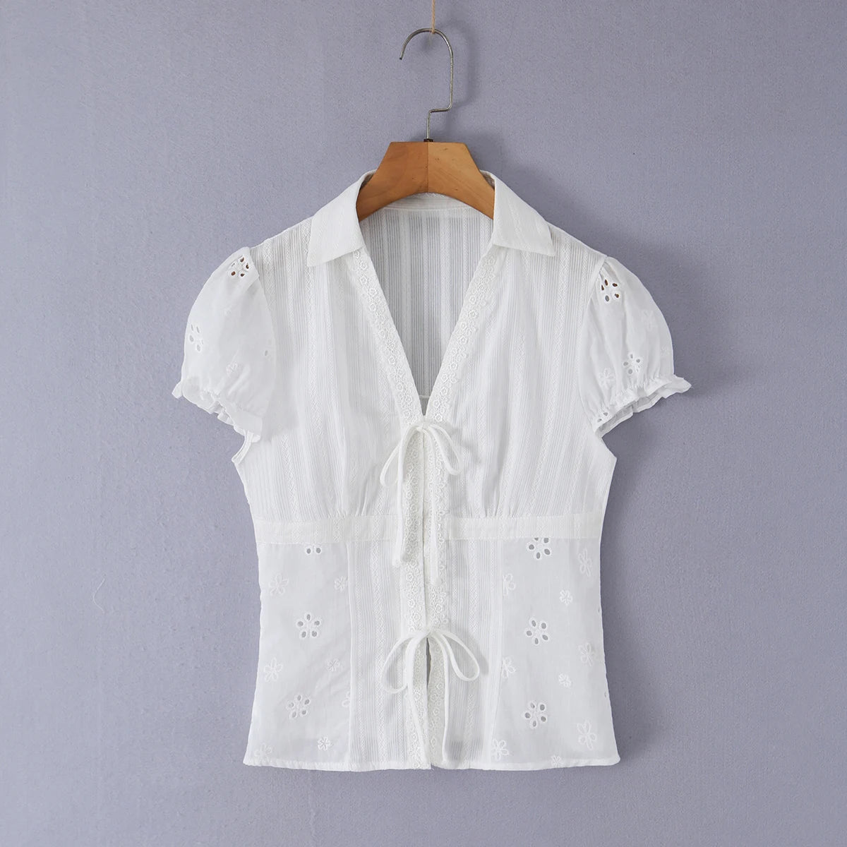 LIZAKOSHT  -  CHIC White Embroidery Flower Hole Lapel V Collar Short Puff Sleeve Shirt Women Bow Lacing Up Front Side Zipper Blouse Crop Tops