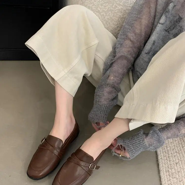 LIZAKOSHT  -  Retro Woman Shoes Slip-on Autumn Female Footwear British Style Oxfords Loafers With Fur Slip On Fall Dress Preppy New Leather