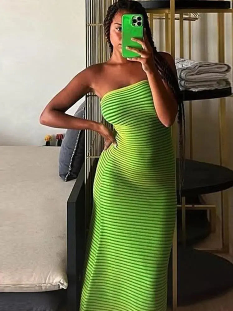 LIZAKOSHT  -  Casual Knitted Striped Tube Long Dresses Women Retro Sexy Strapless Loose Party Dress Female New Summer Fashion Versatile Robes