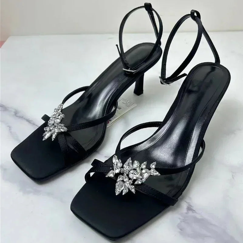 LIZAKOSHT  -  Shiny Rhinestone High Heels Women Summer New Open Toe Ankle Strap Thin Heels Dress Shoe Brand Design Rhinestone Sandals Femme