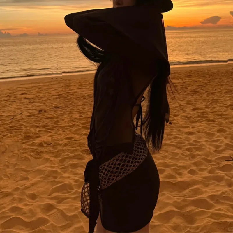 LIZAKOSHT -  Hollow Out Bikini Sexy Long Sleeved Mesh Outer Cover Swimsuit Women Summer Comfortable Beach Vacation Fashionable Retro Trend