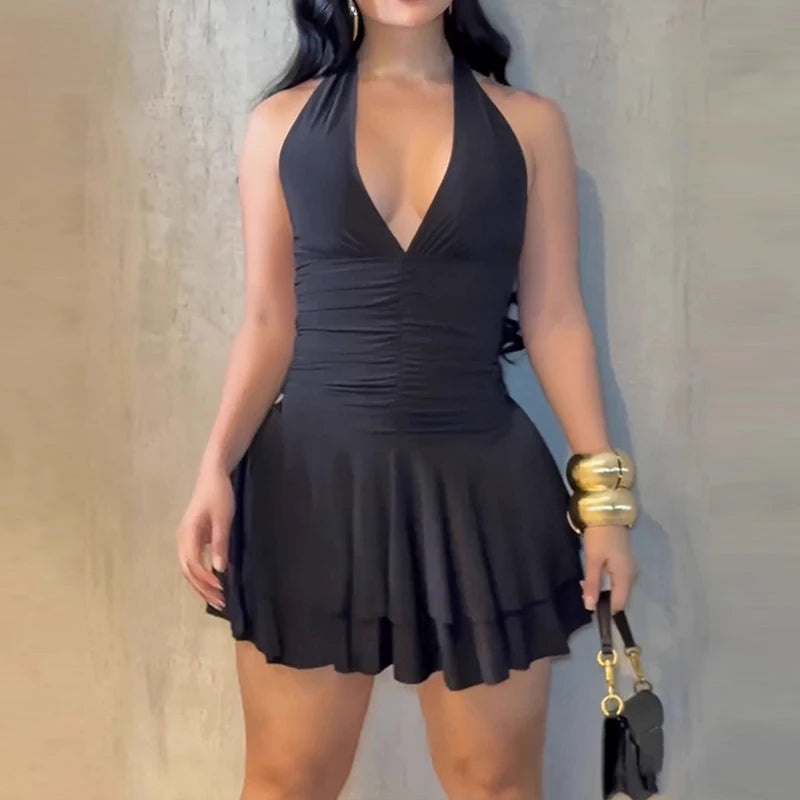 LIZAKOSHT  -  Spicy girl mini pleated skirt sweet girl solid color backless short skirt hanging neck deep V slim fit dress